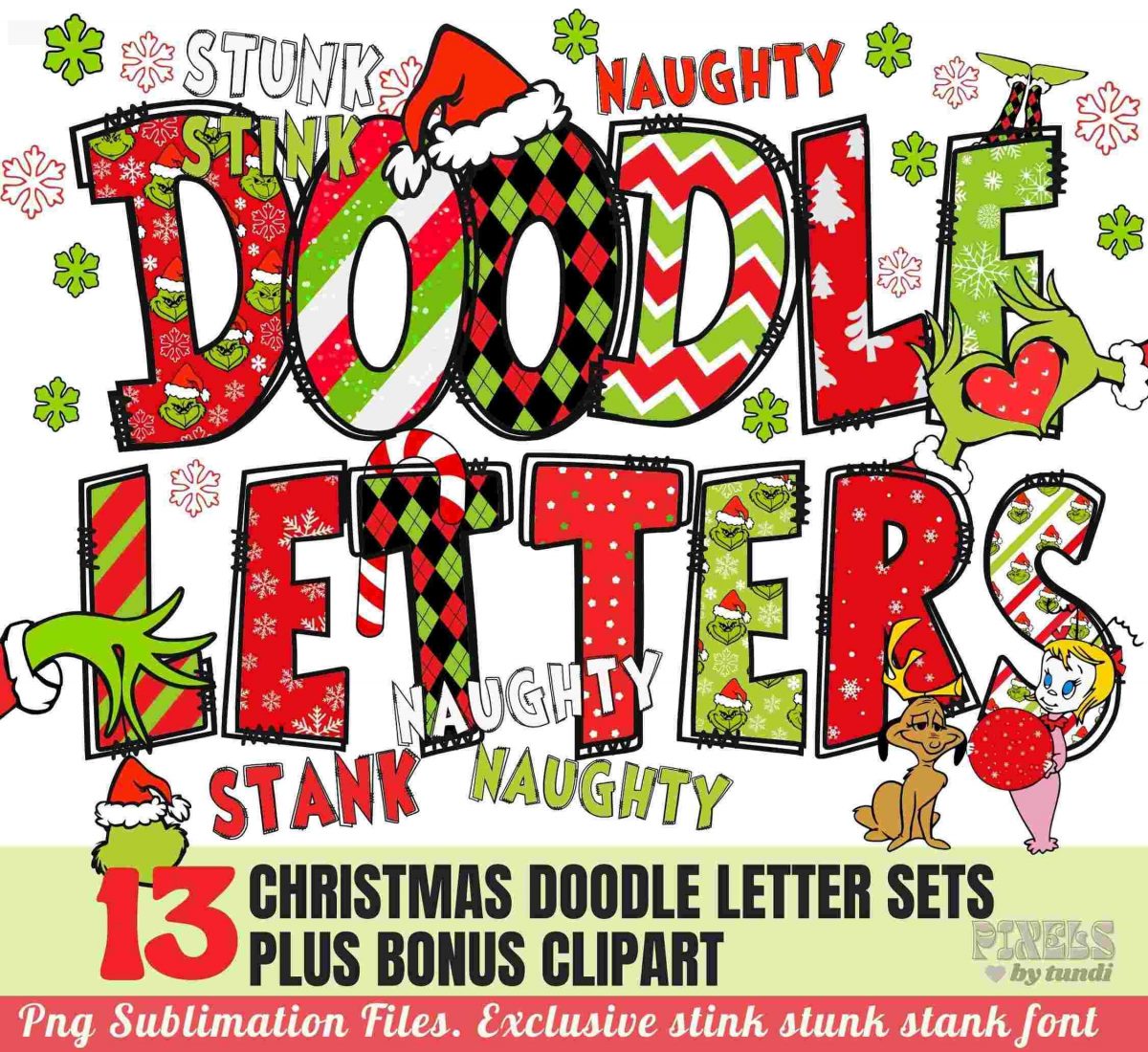 Christmas Letters Doodle Clip Art PNG Files, Christmas Sublimation Doodle Letters