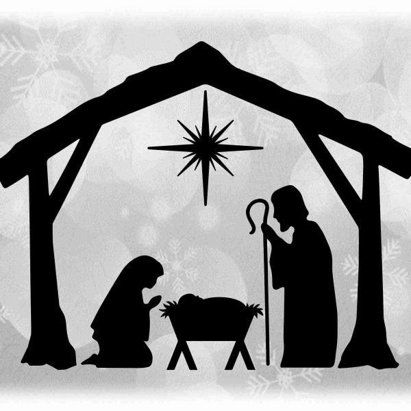 Christmas Nativity Manger Scene Clipart Black Silhouette with Baby