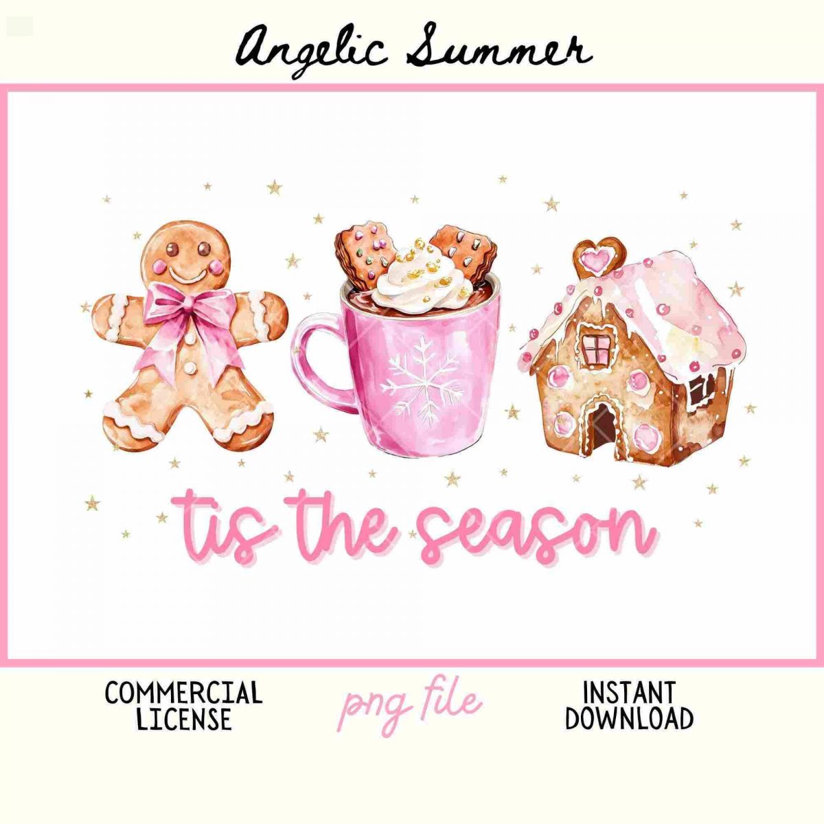 Christmas Pink PNG Tis The Season Coquette PNG Coffee Gingerbread House Pink Bows Retro Watercolor Iced Coffee Cookie Sublimation Design