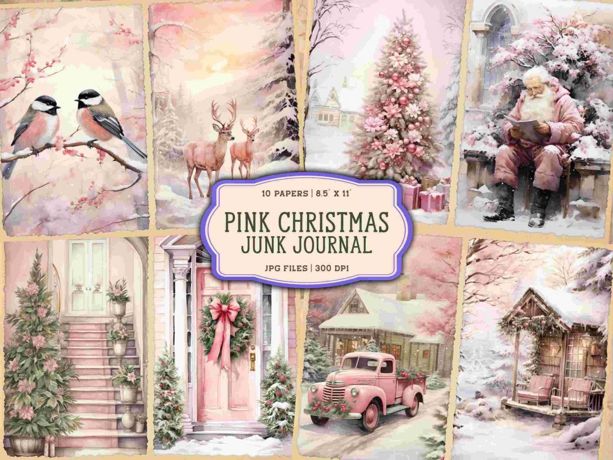 Christmas Printables for Junk Journals, Pink Christmas, Vintage Merry Christmas Junk Journal Pages, Watercolor Santa Digital Junk Journal