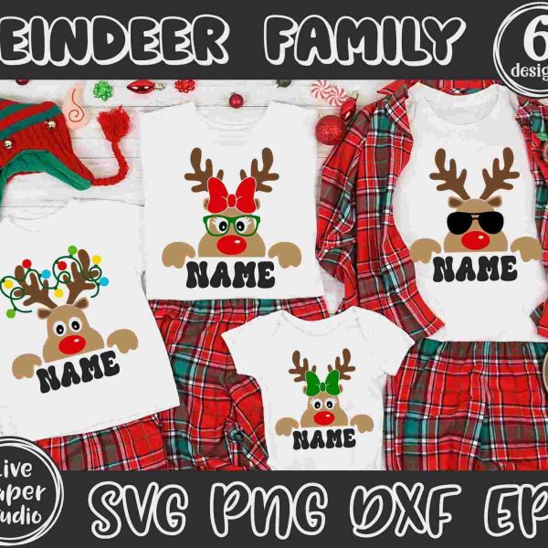 Christmas Reindeer Family SVG Bundle Xmas Gift Matching Name Shirt