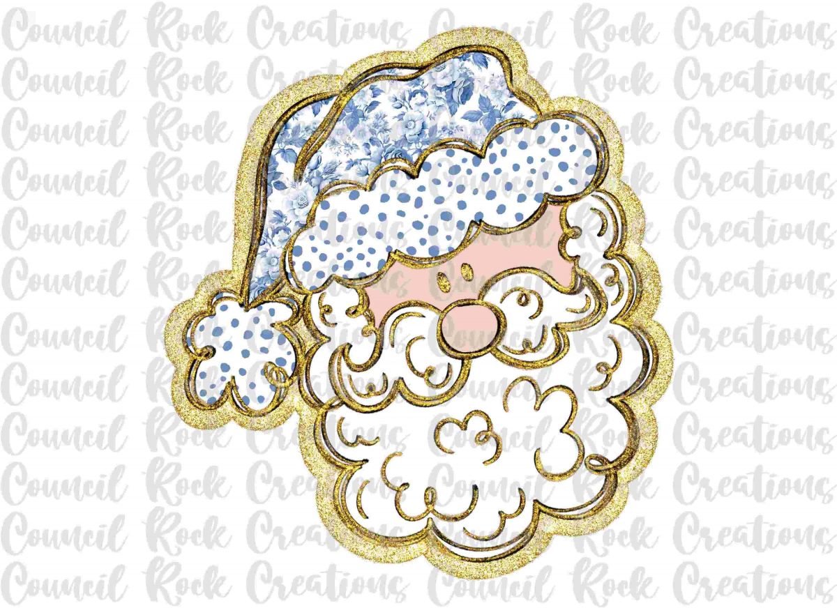 Christmas Santa PNG with Blue Floral Hat and Dalmatian Dots Gold Foil