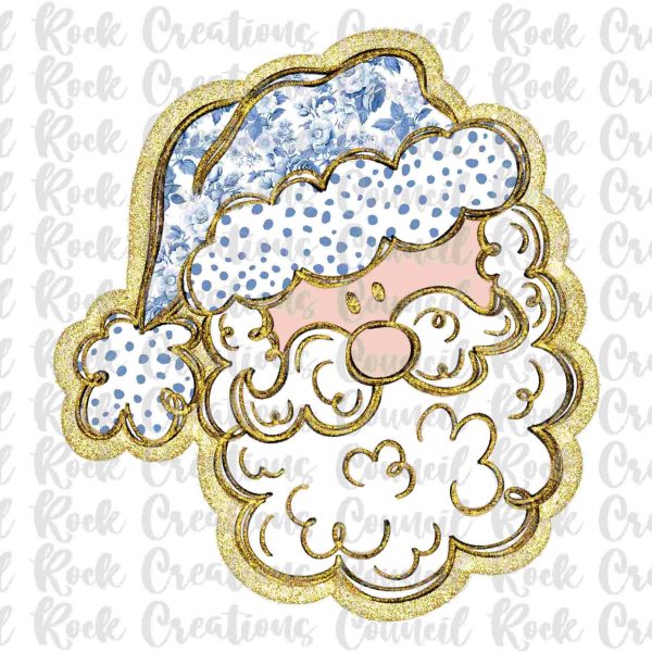 Christmas Santa PNG with Blue Floral Hat and Dalmatian Dots Gold Foil