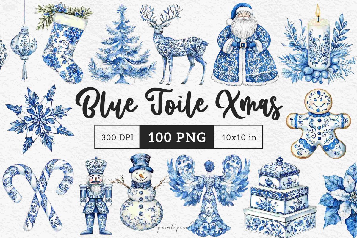 Christmas Toile Clipart Holiday Chinoiserie PNG Winter Toile Sublimation Xmas Gifts Toile Santa Christmas Tree Bauble Junk Journal Reindeer