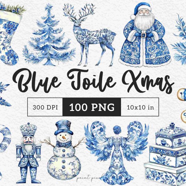 Christmas Toile Clipart Holiday Chinoiserie PNG Winter Toile Sublimation Xmas Gifts Toile Santa Christmas Tree Bauble Junk Journal Reindeer