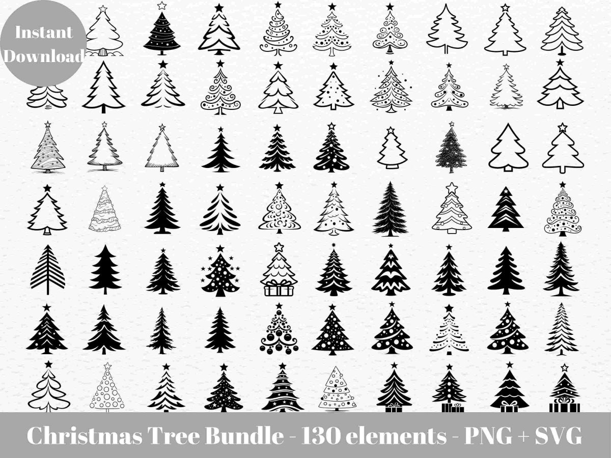 Christmas Tree Bundle 130 SVGs Black White Clipart Silhouettes for