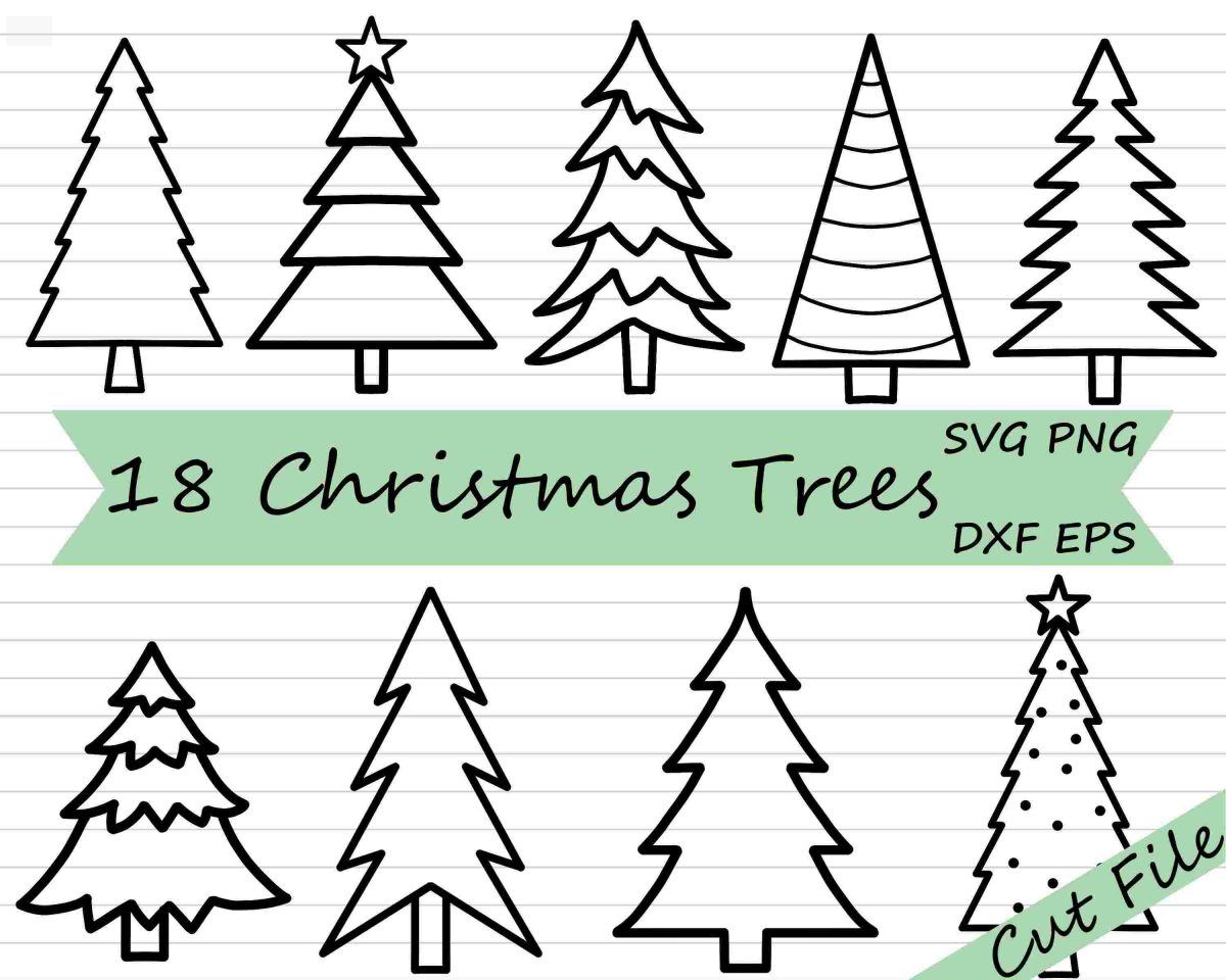 Christmas Tree Bundle SVG Cut File Pine Clipart Outline BlackWhite