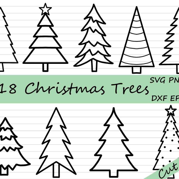 Christmas Tree Bundle SVG Cut File Pine Clipart Outline BlackWhite