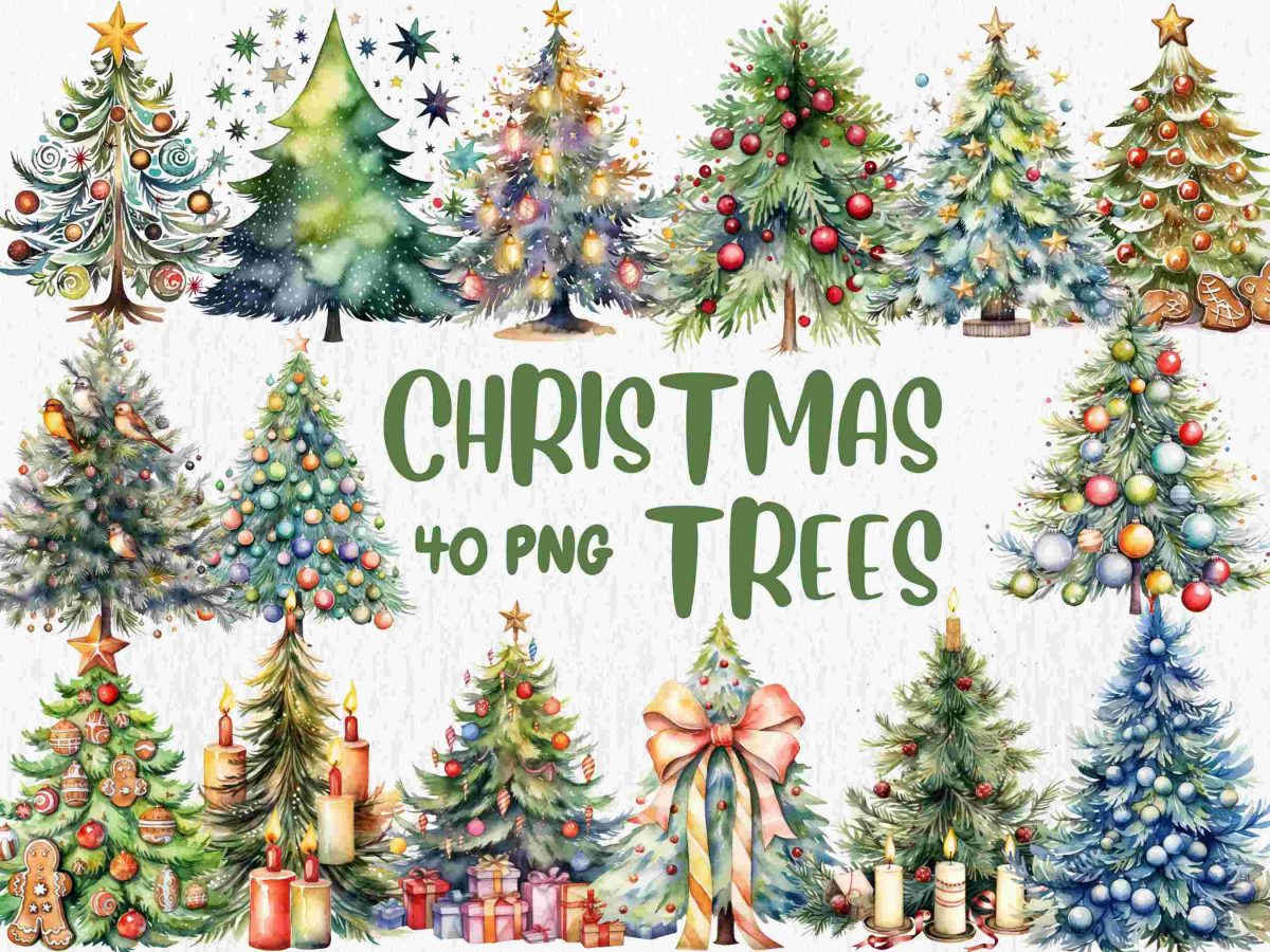 Christmas Tree Watercolor Clipart Handpainted Tree Illustrations