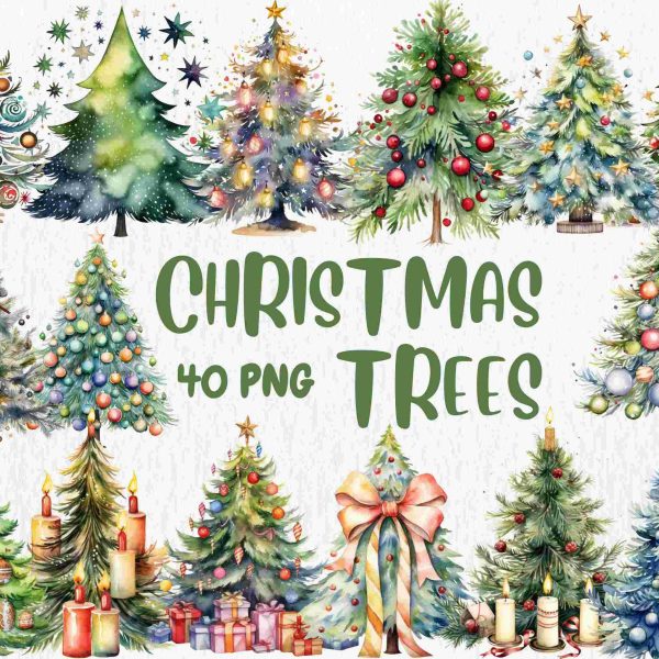 Christmas Tree Watercolor Clipart Handpainted Tree Illustrations