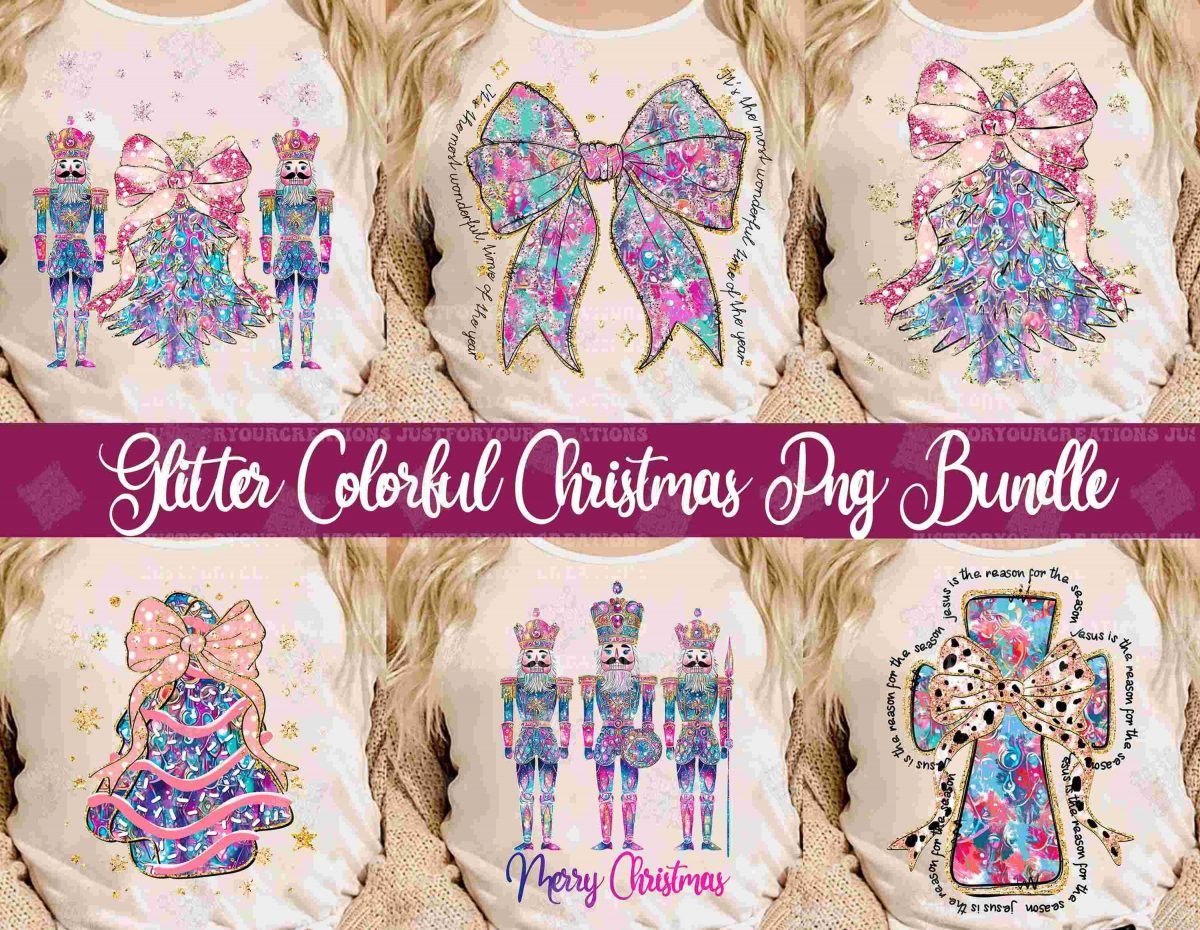 Colorful Glitter christmas coquette png bundle,Pink Blue brushstroke merry png,christmas png, christmas tree png,nutcracker png,Floral cross