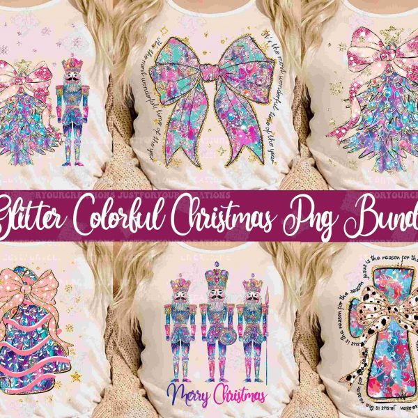 Colorful Glitter christmas coquette png bundle,Pink Blue brushstroke merry png,christmas png, christmas tree png,nutcracker png,Floral cross