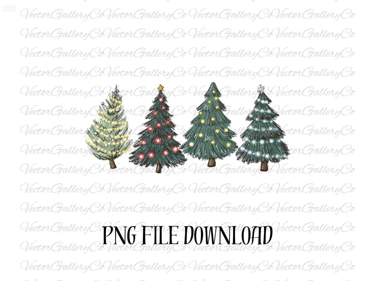 Cozy Winter Christmas Trees SVG Mint Snow Star Lights PNG Graphic