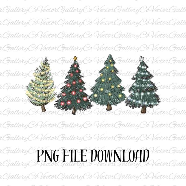 Cozy Winter Christmas Trees SVG Mint Snow Star Lights PNG Graphic