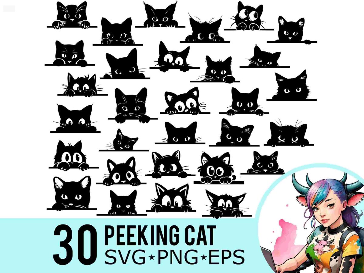 Curious Cat SVG PNG EPS Clipart Bundle Kitten Silhouette Feline