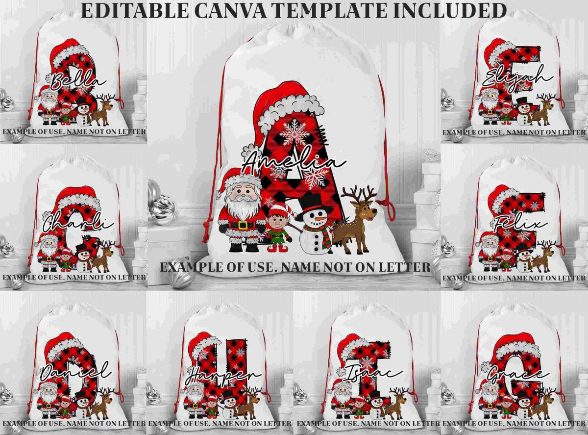 Custom Christmas Letter Santa Sack Doodle Letters, Santa Stocking Personalised Kids Letters, Santa Sublimation Tote Xmas Doodle Alphabet