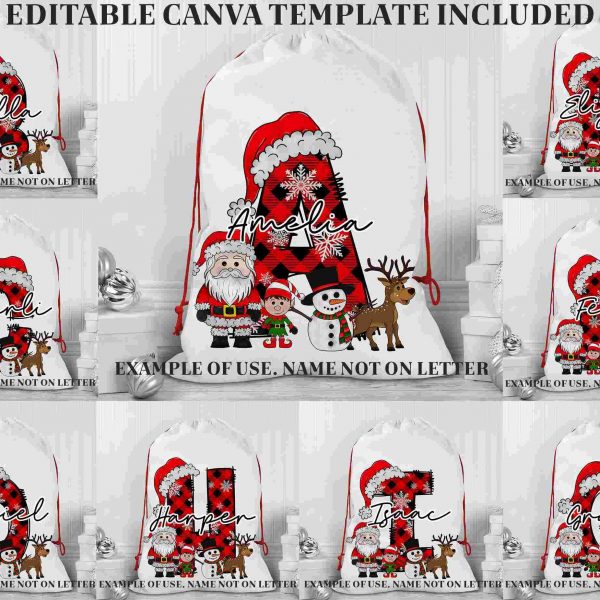 Custom Christmas Letter Santa Sack Doodle Letters, Santa Stocking Personalised Kids Letters, Santa Sublimation Tote Xmas Doodle Alphabet