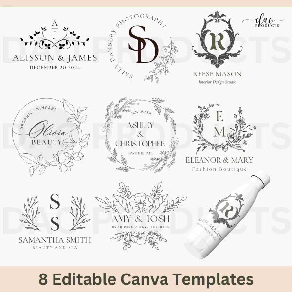 Customizable Family Monogram Pack 8 Canva Templates Floral Design