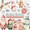 Cute Christmas Characters Clipart, Watercolor Christmas Clip Art Bundle, Christmas PNG Graphics, Xmas SVG, Winter Snowman Illustration