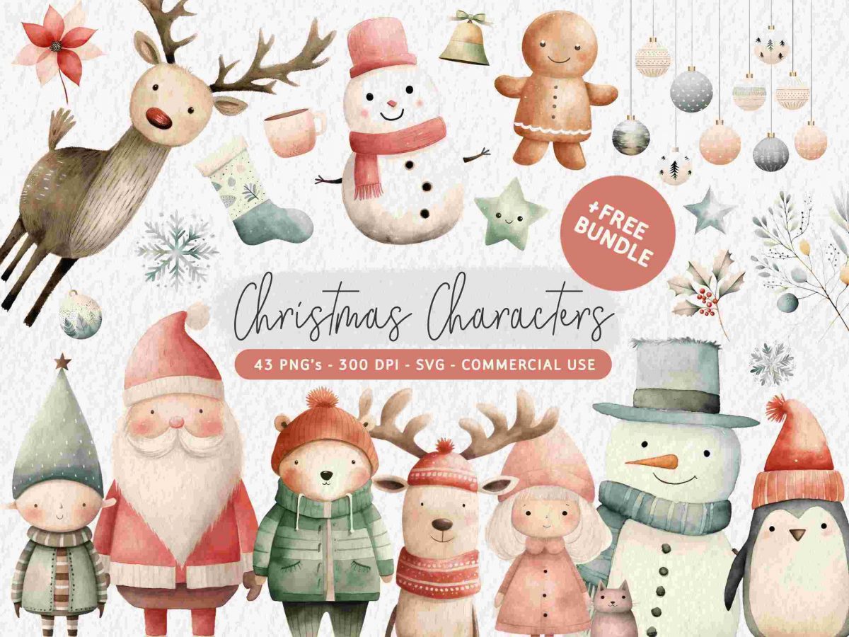 Cute Christmas Characters Clipart, Watercolor Christmas Clip Art Bundle, Christmas PNG Graphics, Xmas SVG, Winter Snowman Illustration