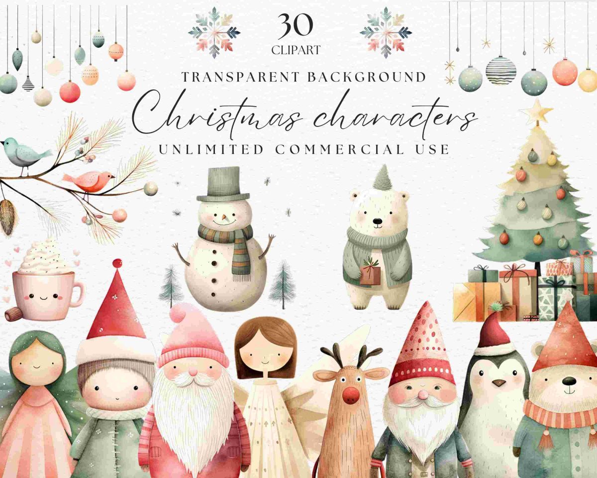 Cute Christmas Characters | Scandinavian Christmas Clipart | Watercolor Christmas Clipart Bundle | Snowmen Clipart | Christmas Tree Png