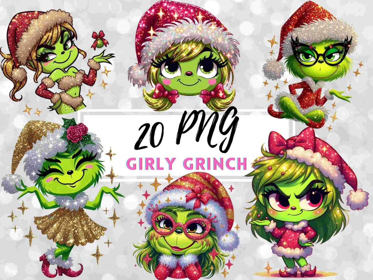 Cute Christmas Grinch PNG Design with Sparkly Glitter Lights