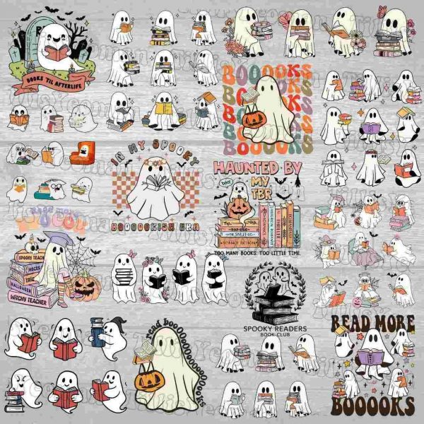 Cute Ghost Reading Book SVG PNG Bundle for Halloween