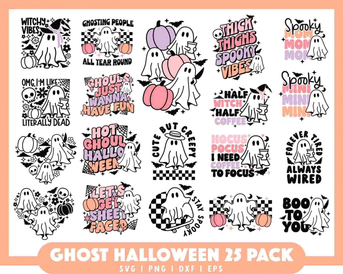 Cute Ghost SVG Bundle Halloween pumpkin retro ghouls for trendy