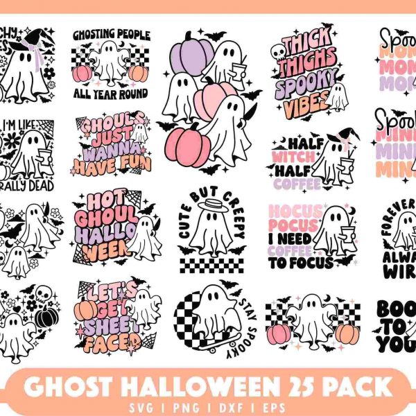 Cute Ghost SVG Bundle Halloween pumpkin retro ghouls for trendy