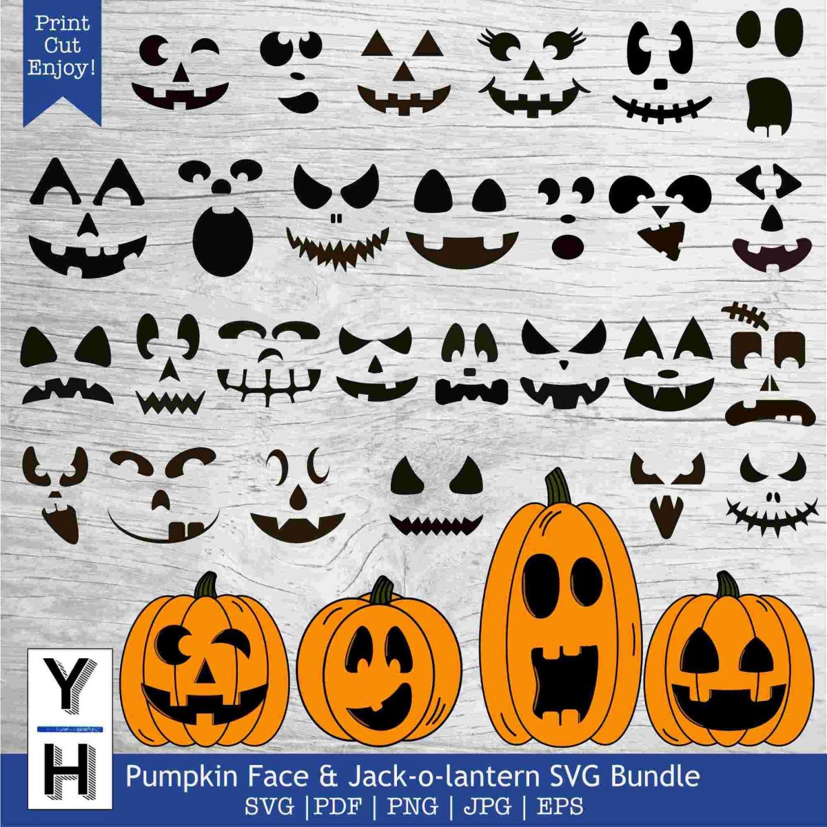 Cute Jack O Lantern Pumpkin Faces SVGPNG Bundle for Halloween