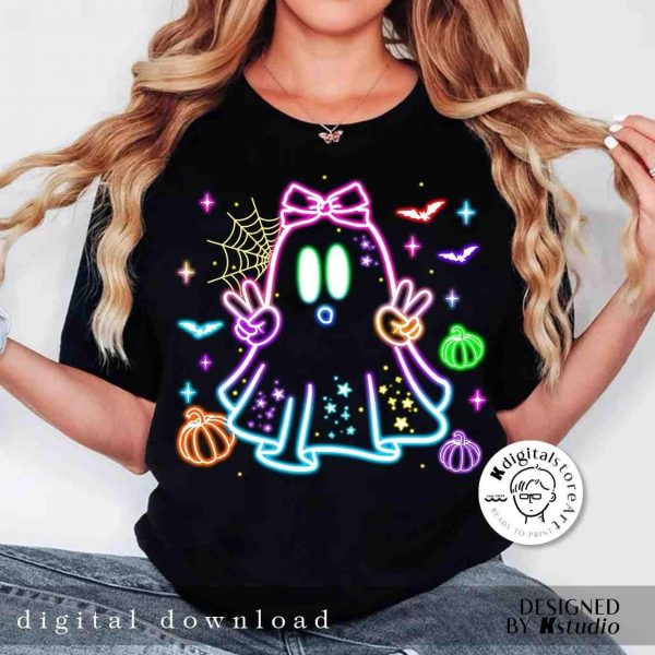 Cute Neon Boo Ghost Bow SVG Colorful Halloween PNG Shirt Design