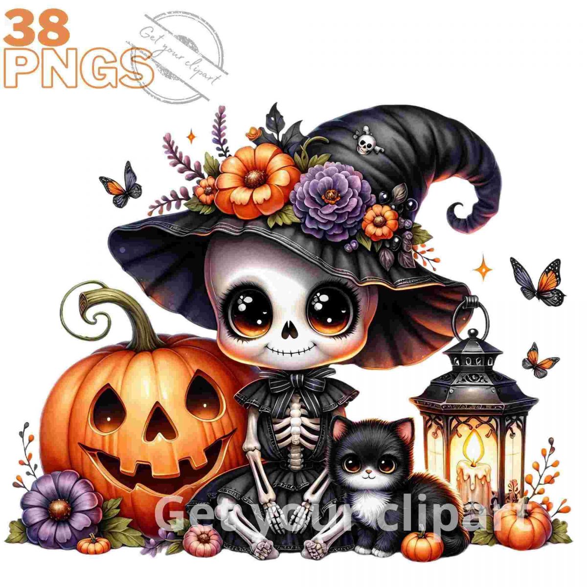 Cute Skeletons Halloween Clipart Bundle Halloween Graphics PNG