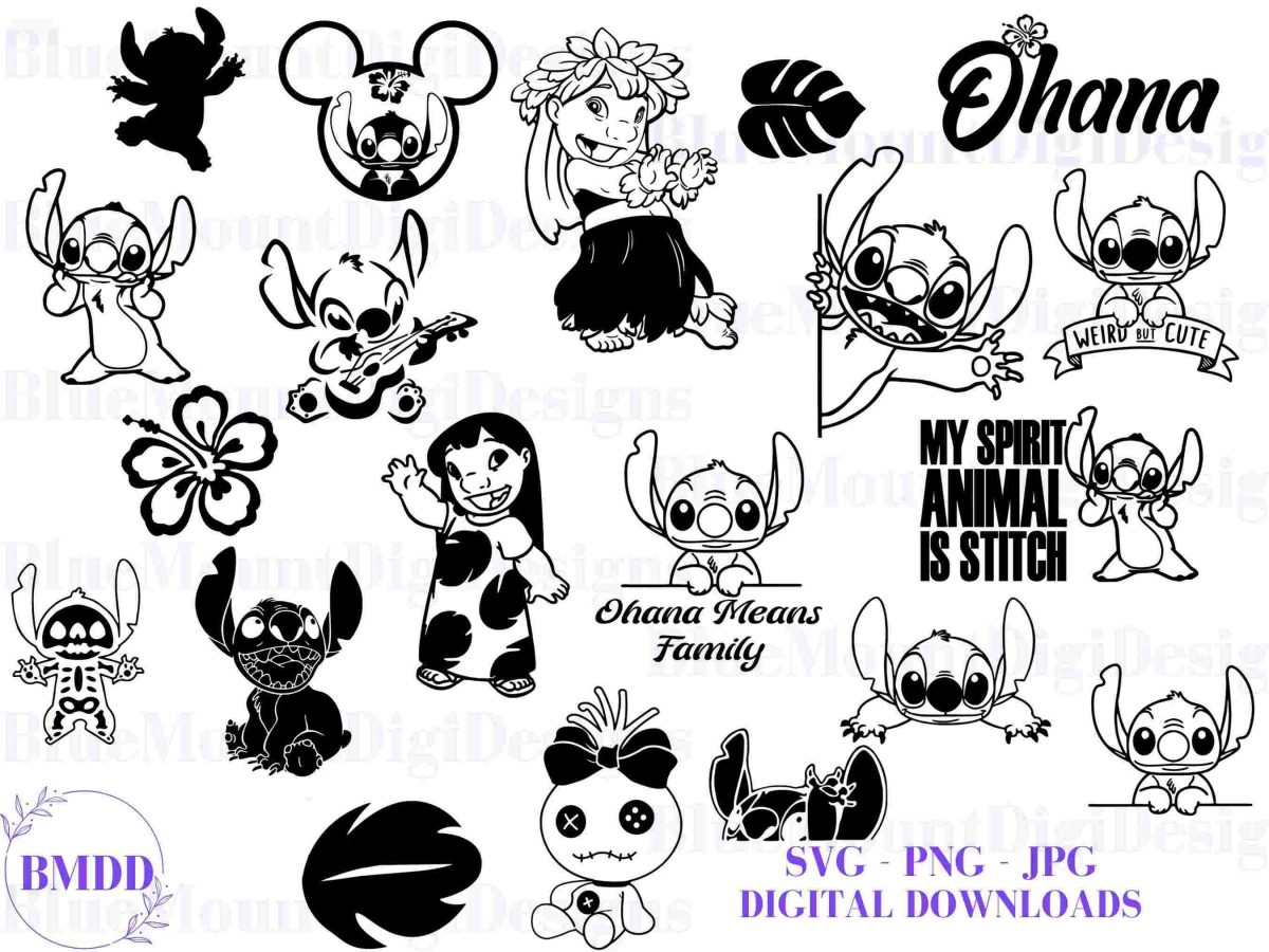 Digital Downloads Bundle SVGs PNGs JPGs Lilo Stitch Ohana Bundle No1