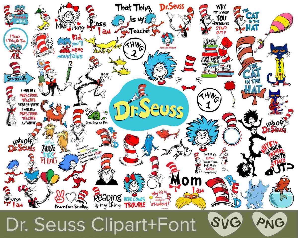 Dr Seuss Quotes Clipart Bundle with Cat in the Hat SVG Cricut Digital