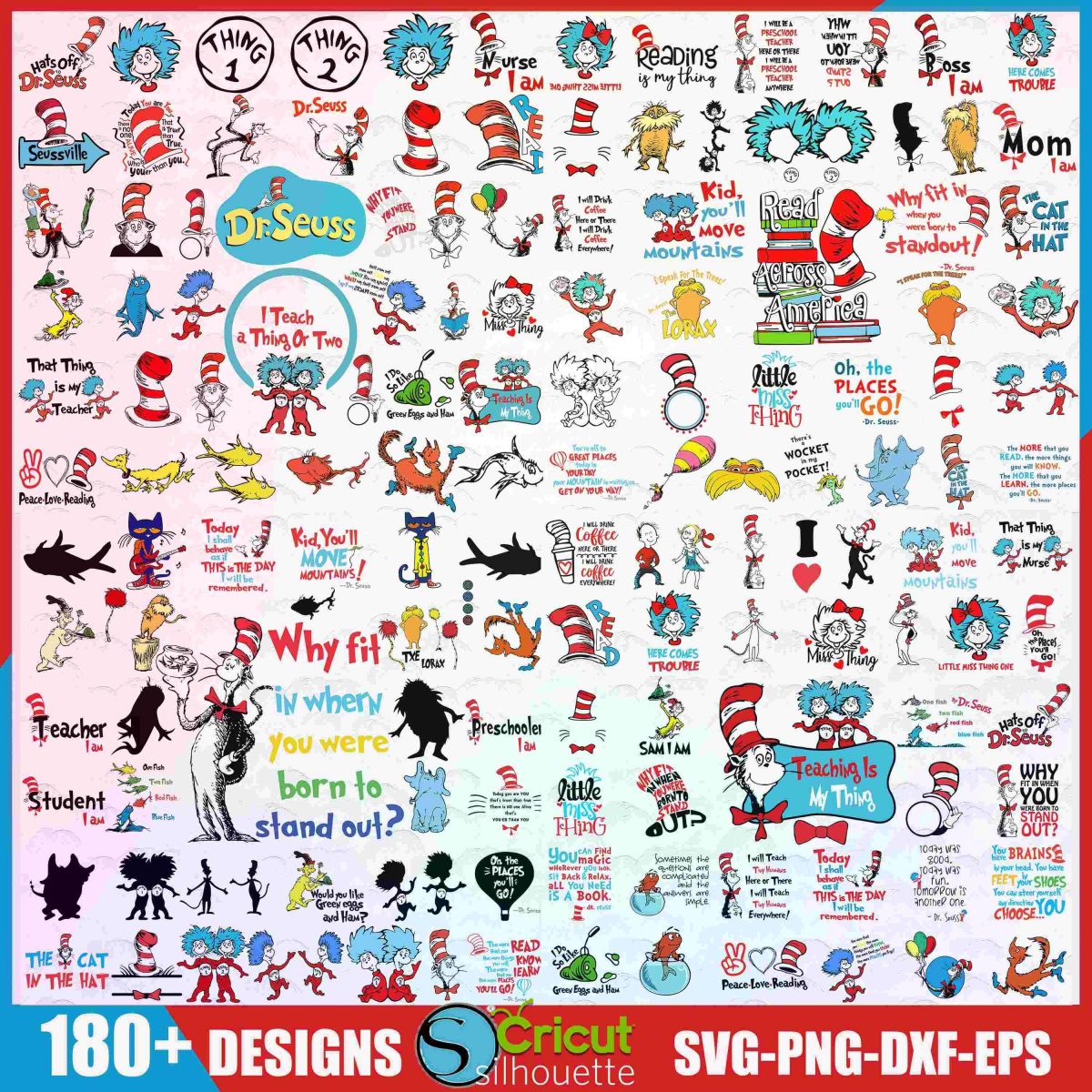 Dr Seuss Teacher Bundle 180 SVG Cat in Hat Green Eggs Ham PNG