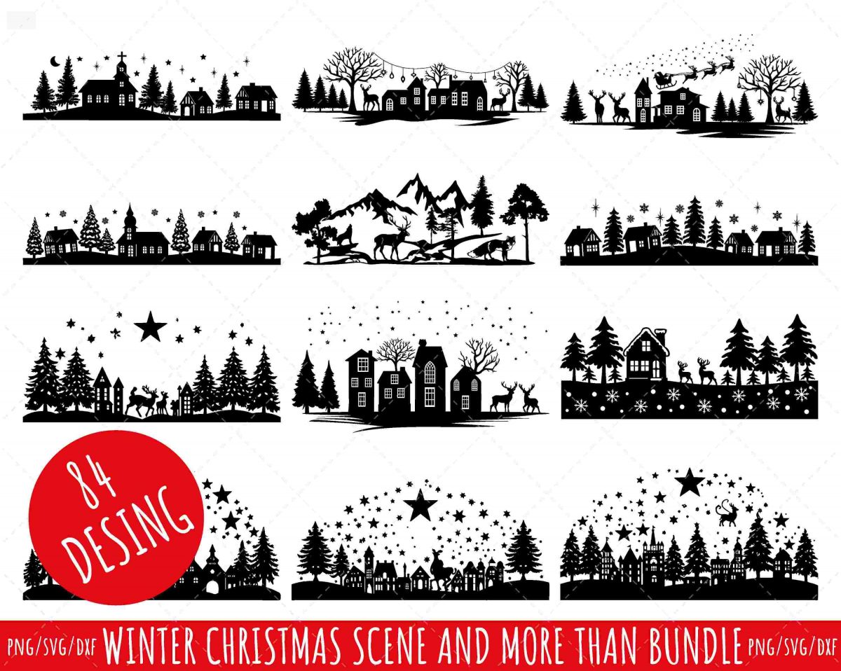 Enchanting Winter Christmas Scene SVG Bundle Santa Reindeer Pine Tree