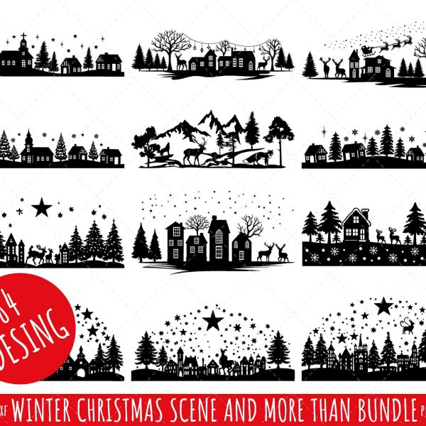 Enchanting Winter Christmas Scene SVG Bundle Santa Reindeer Pine Tree