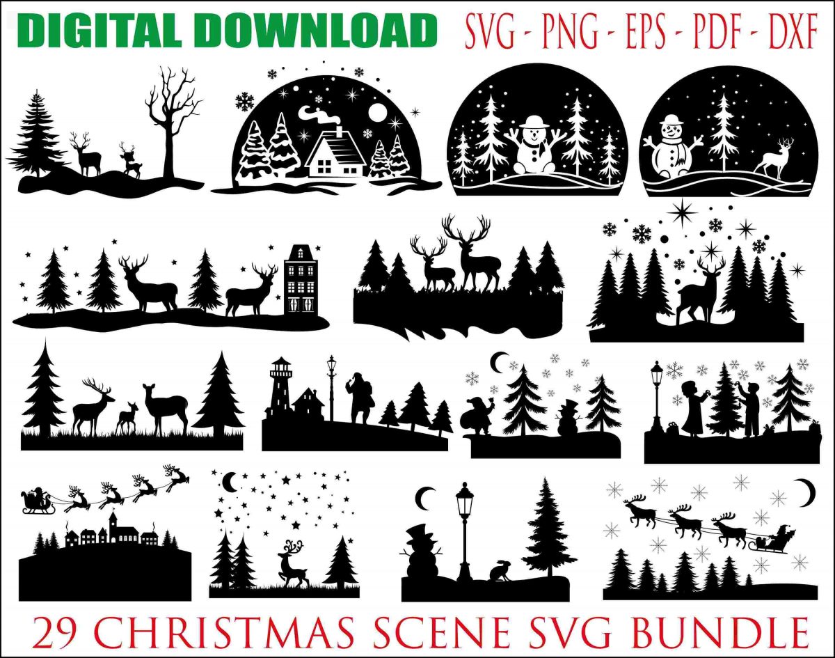 Enchanting Winter Christmas Scene SVG Bundle with Santa Reindeer Deer