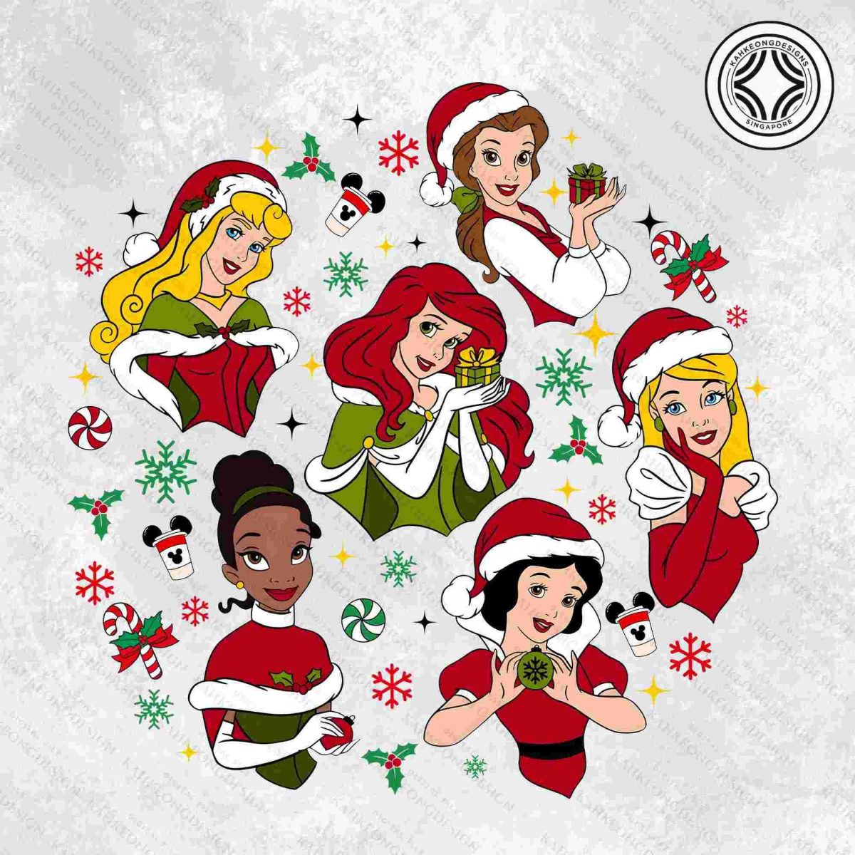 Festive Christmas Princess and Friends in Retro Pink Shirt SVG PNG