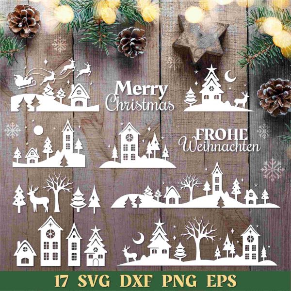 Festive Christmas Scene SVG PNG EPS Bundle for Plotter Round Holiday