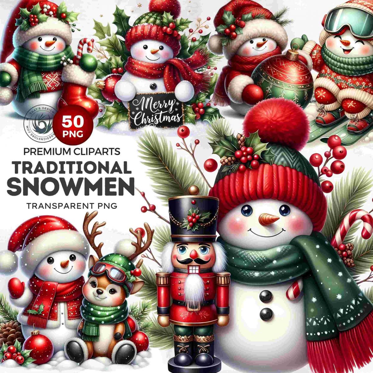 Festive Christmas Snowman Clipart Set Red Green Snowman PNG Bundle