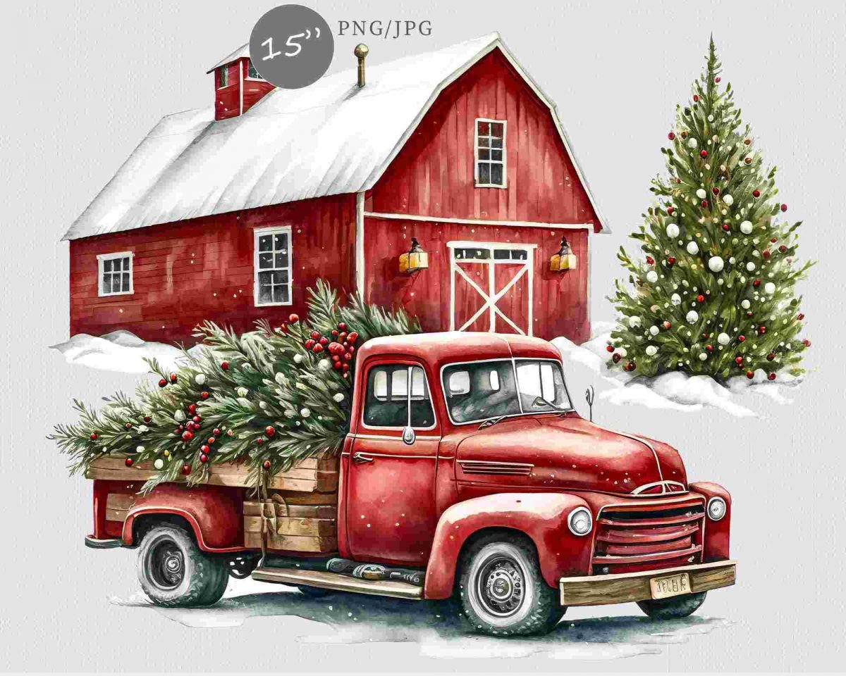 Festive Christmas SVGs Farm Red Truck Winter Watercolor PNGs