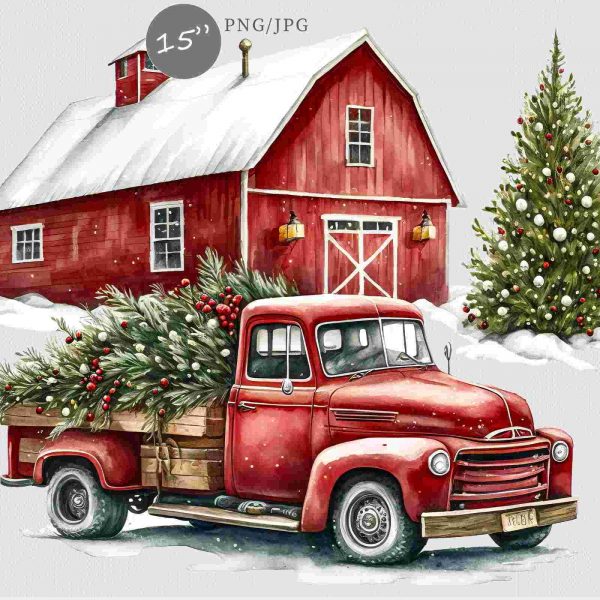 Festive Christmas SVGs Farm Red Truck Winter Watercolor PNGs