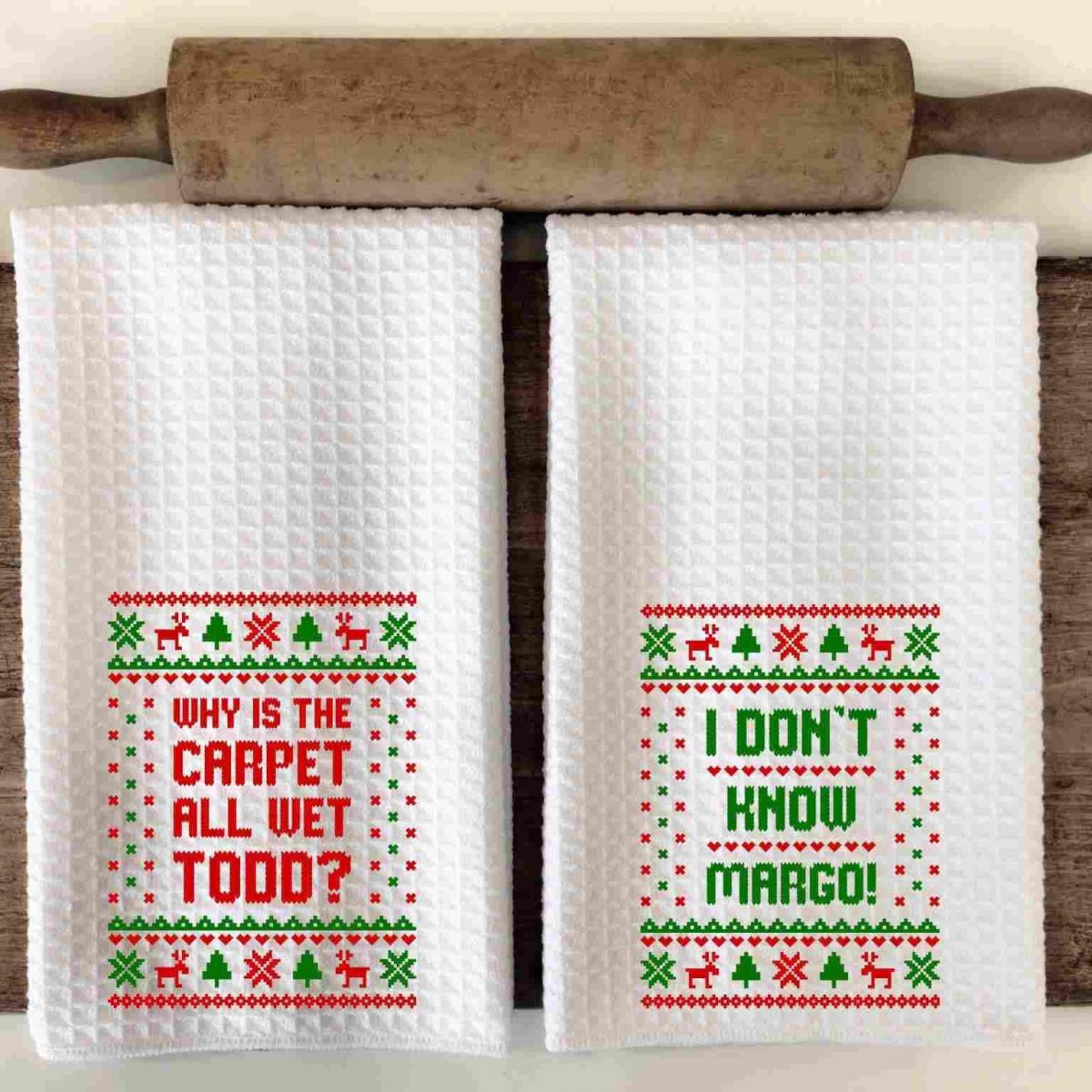 Festive Christmas Vacation SVG Kitchen Towels Wet Carpet Mystery.