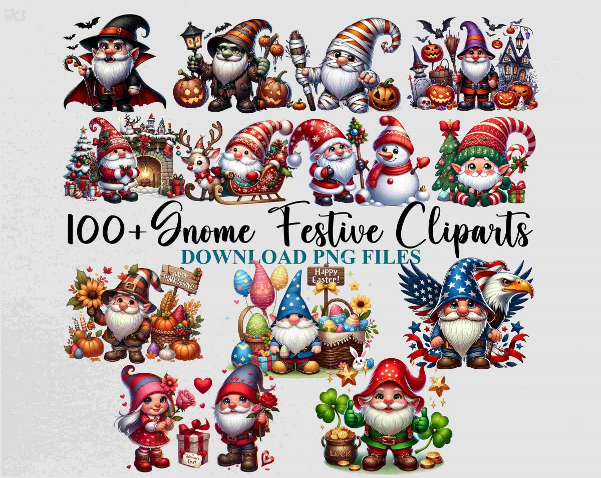 Festive Gnome Watercolor Clipart Bundle for Holidays SVG PNG Digital