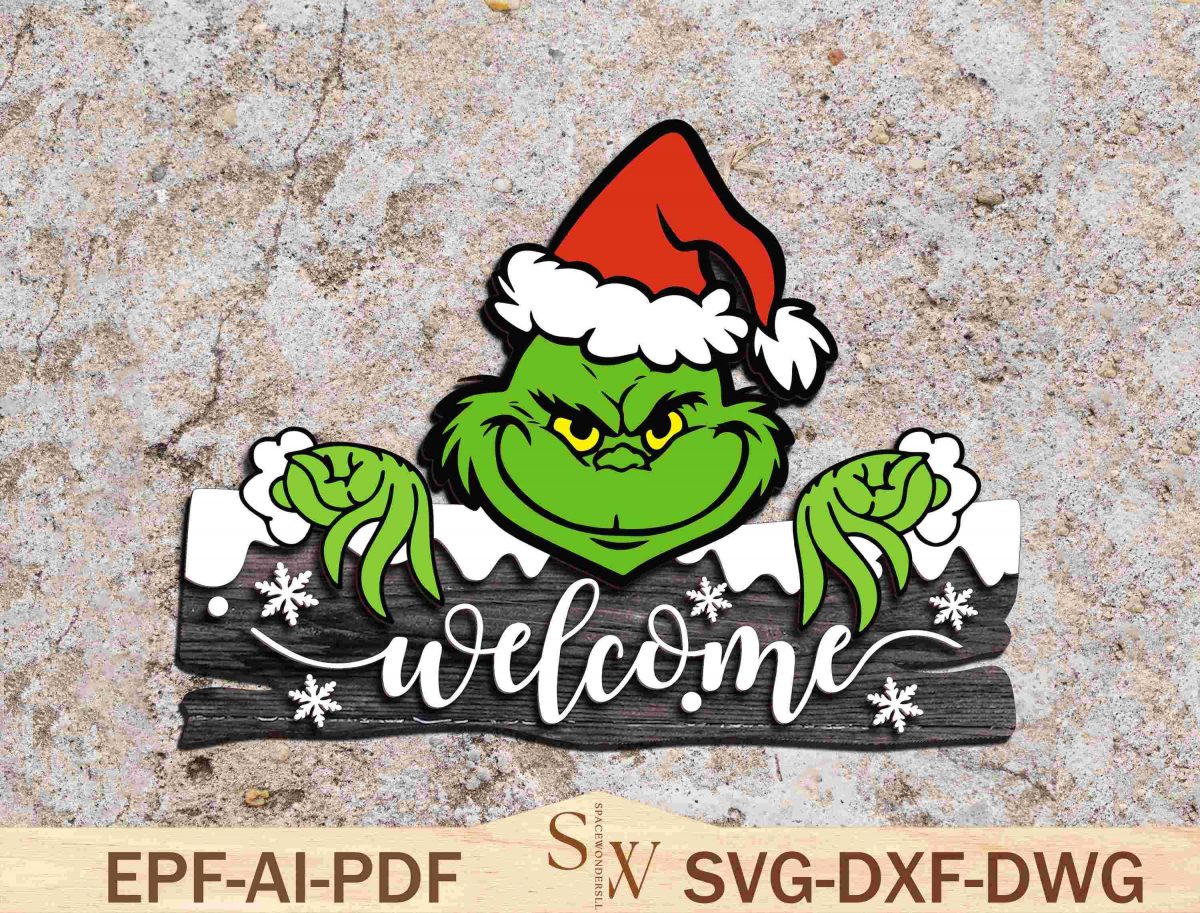 Festive Grinchmas SVG Welcome Door Hanger Characters Sign for