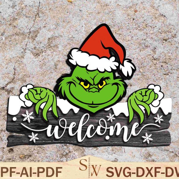 Festive Grinchmas SVG Welcome Door Hanger Characters Sign for