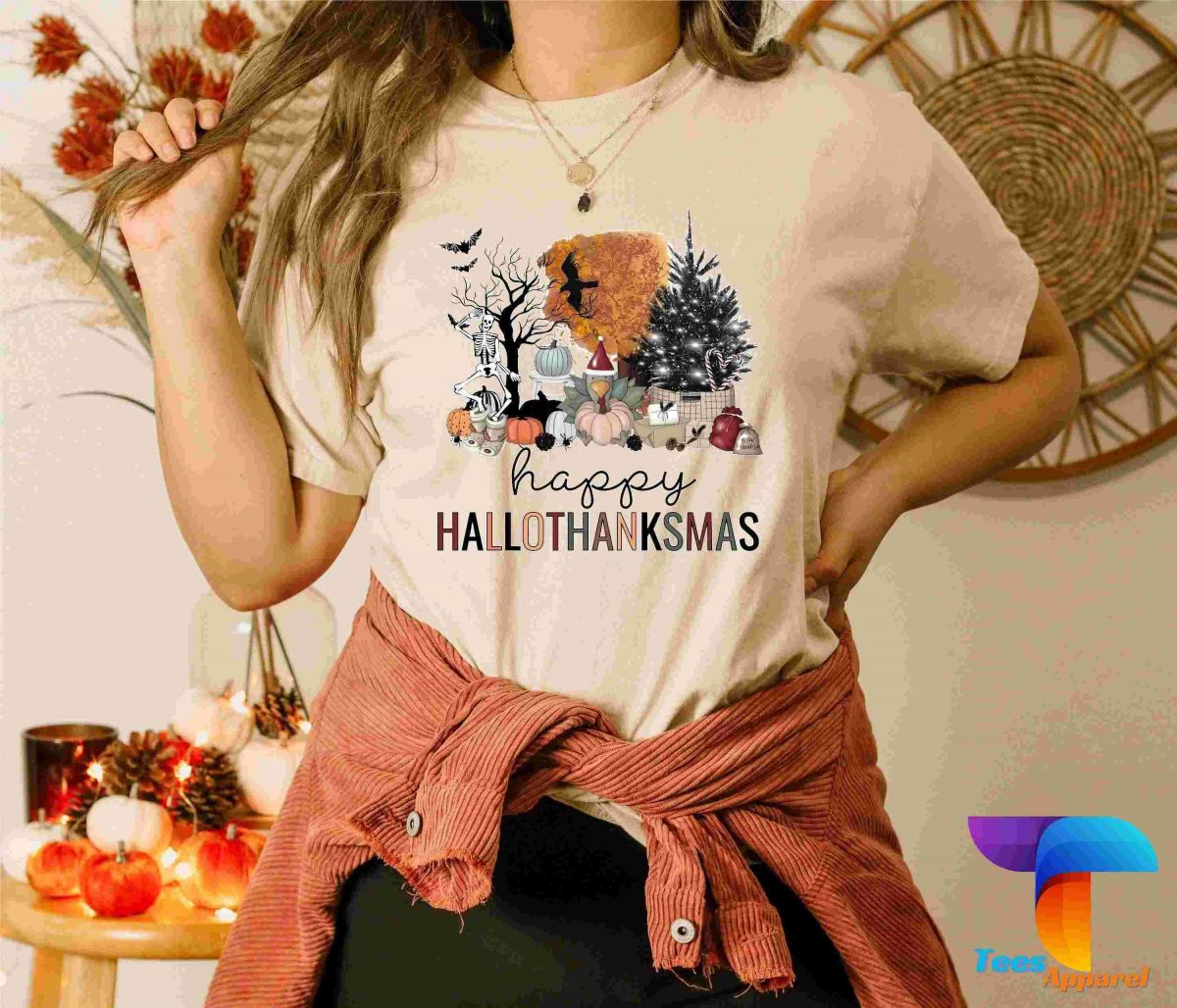 Festive Hallothanksmas SVG Shirt Halloween Thanksgiving Christmas Tee