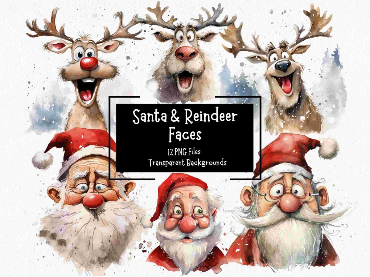 Festive Reindeer Santa PNG Graphics Bundle Funny Christmas Clipart