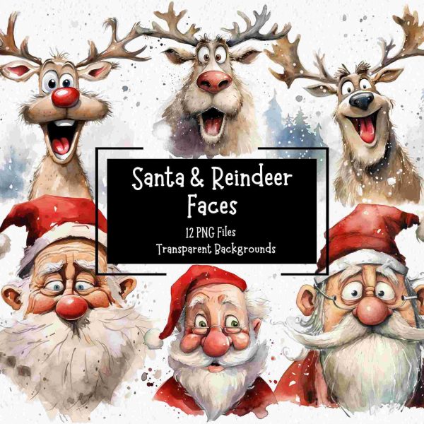 Festive Reindeer Santa PNG Graphics Bundle Funny Christmas Clipart